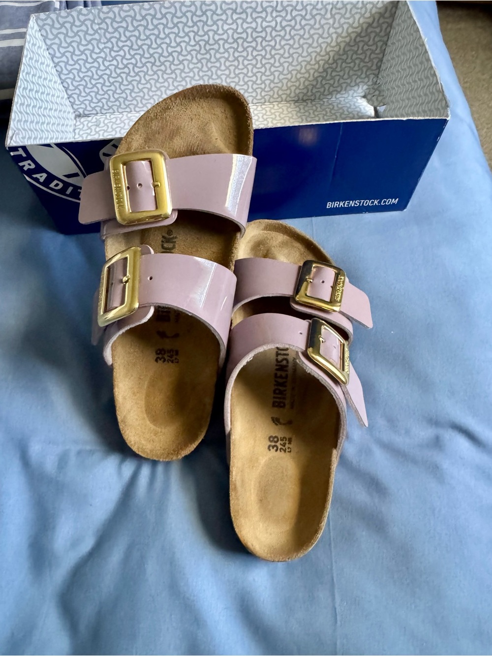 Birkenstock Orchid Patent Sydney Two-Strap Sandals with Gold Buckles